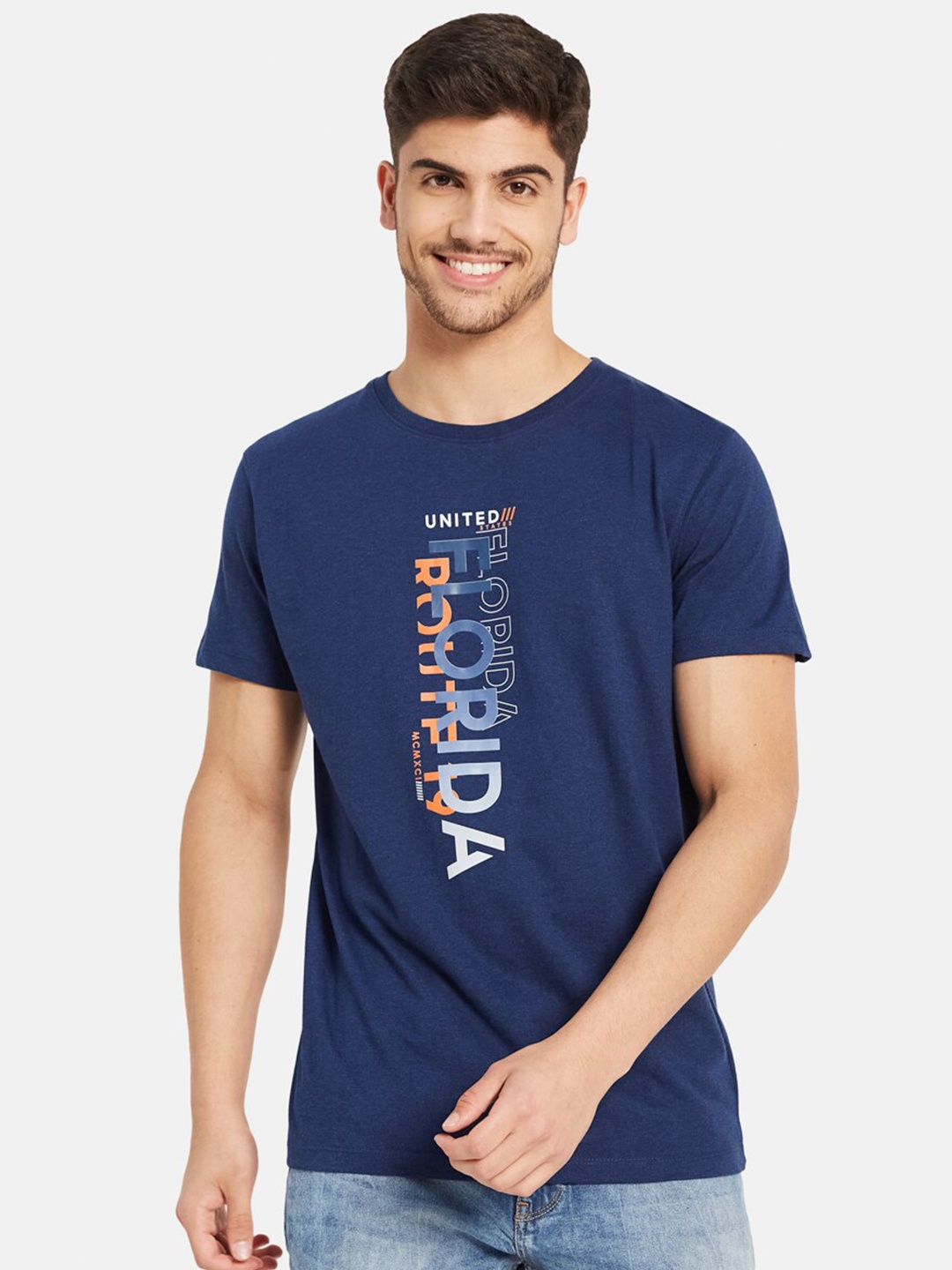 Octave Typography Printed Pure Cotton T-shirt, Blue