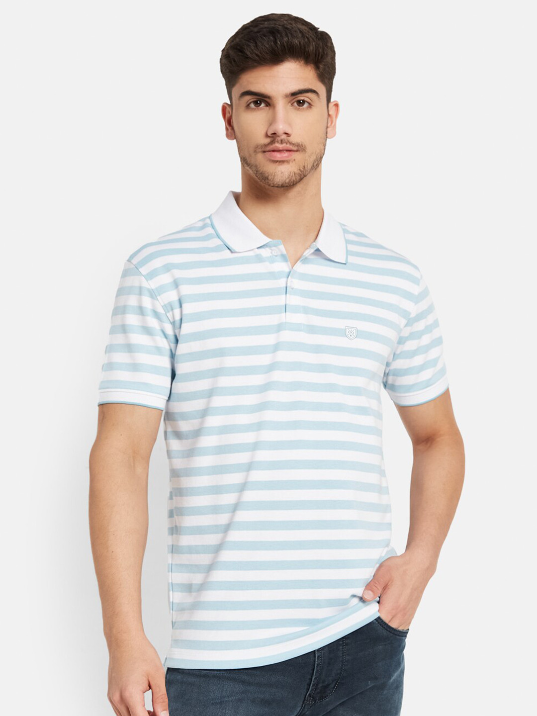 

Octave Striped Polo Collar Cotton T-shirt, Blue