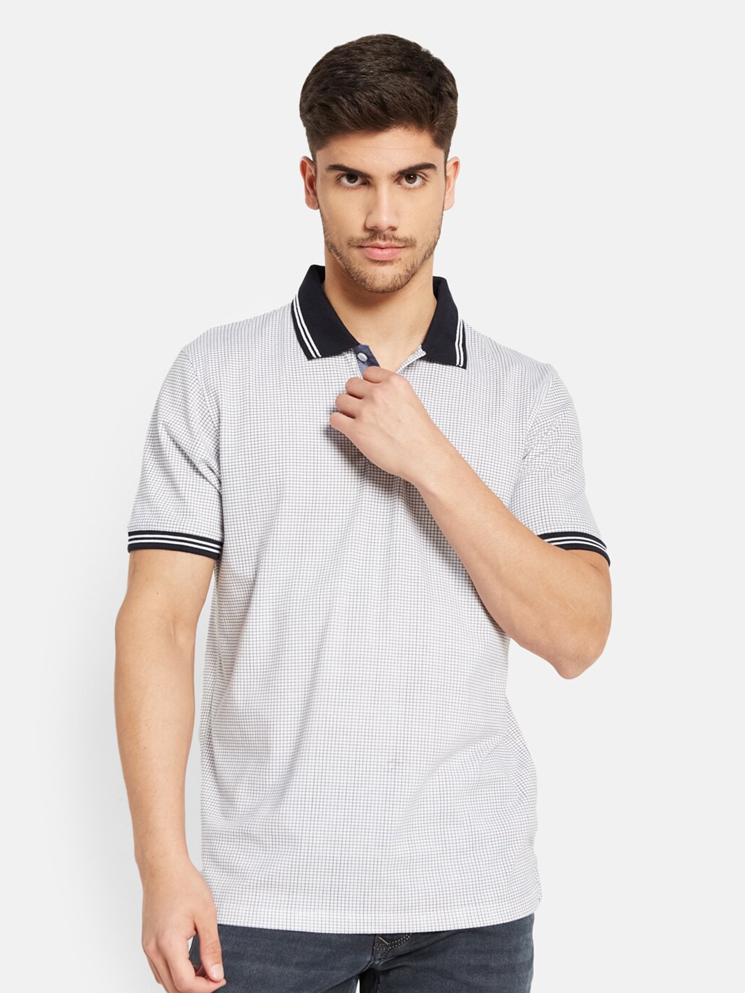 

Octave Checked Polo Collar Short Sleeves Cotton T-shirt, White