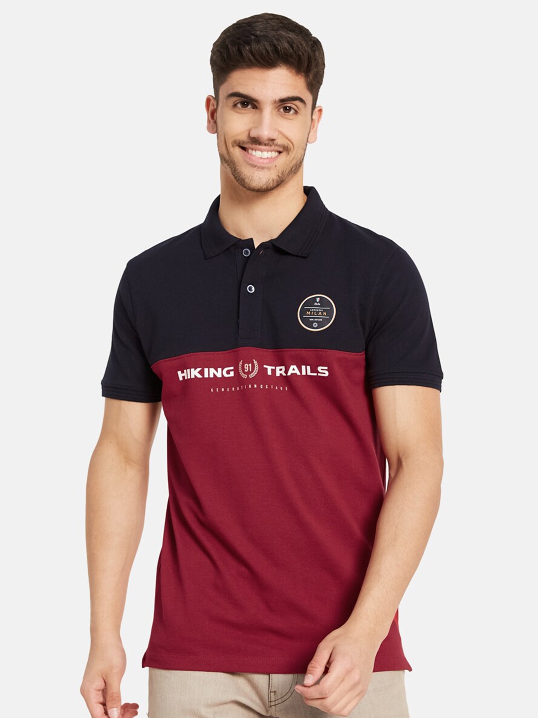 

Octave Colourblocked Polo Collar Cotton T-shirt, Maroon