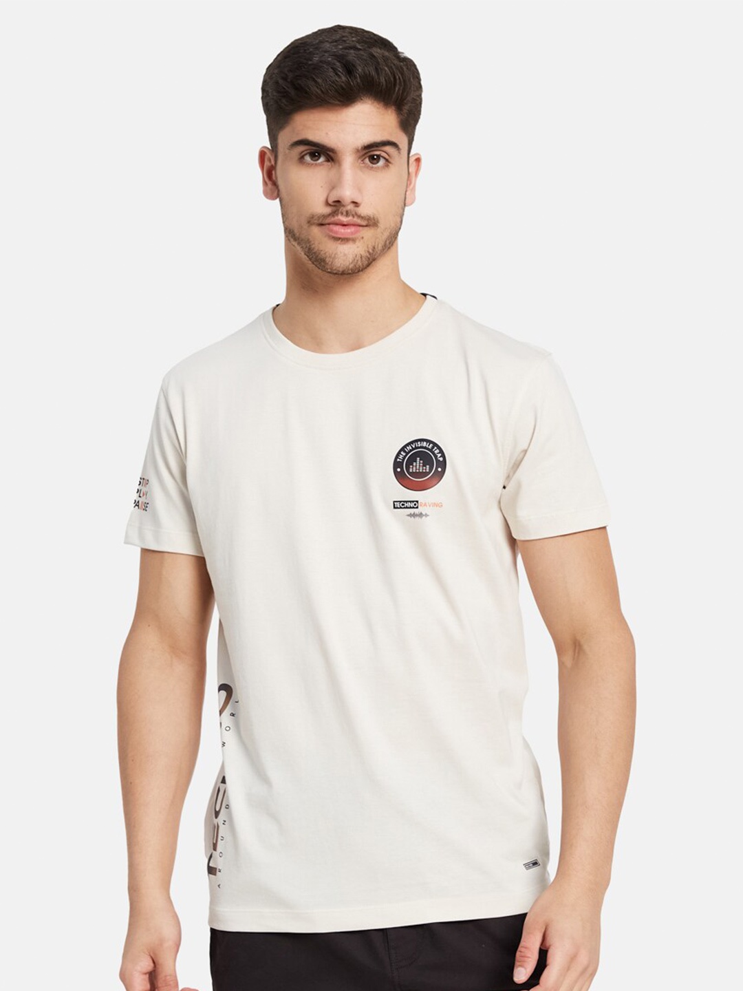 

Octave Round Neck Typography Printed Cotton T-shirt, Cream