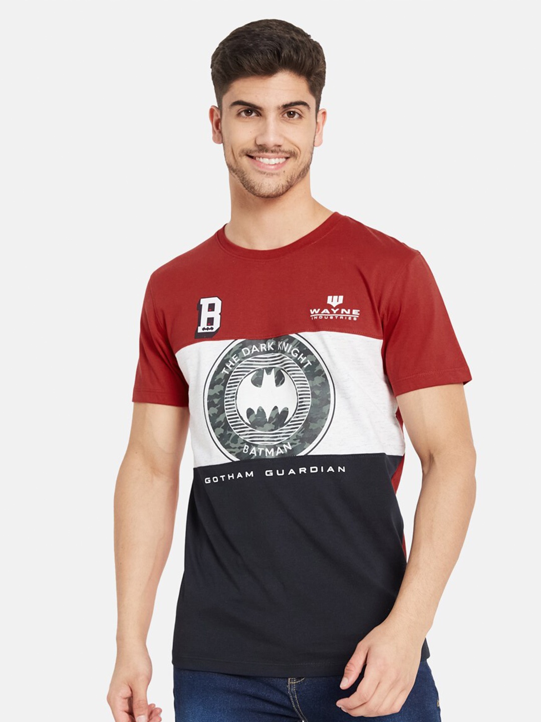 

Octave Batman Printed & Colourblocked Casual Cotton T-shirt, Red