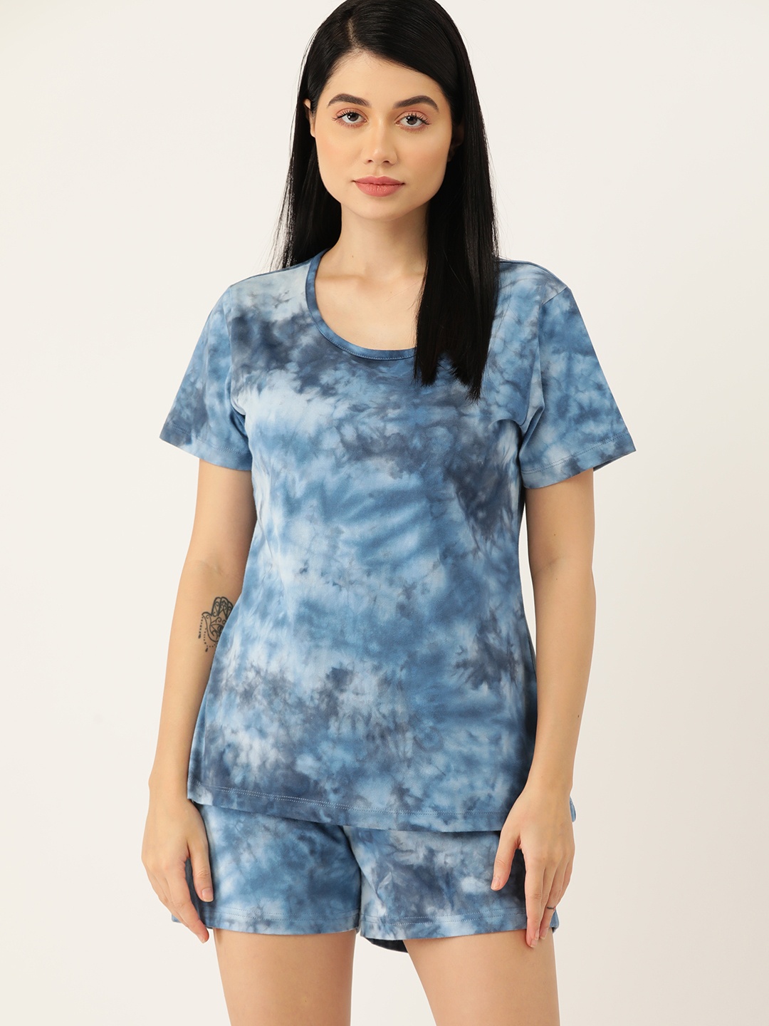 

ETC Women Tie & Dye Pure Cotton Night Suit, Blue