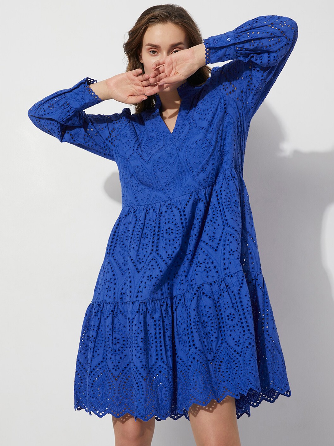 

Vero Moda Mandarin Collar Schiffli Cotton A-Line Dress, Blue