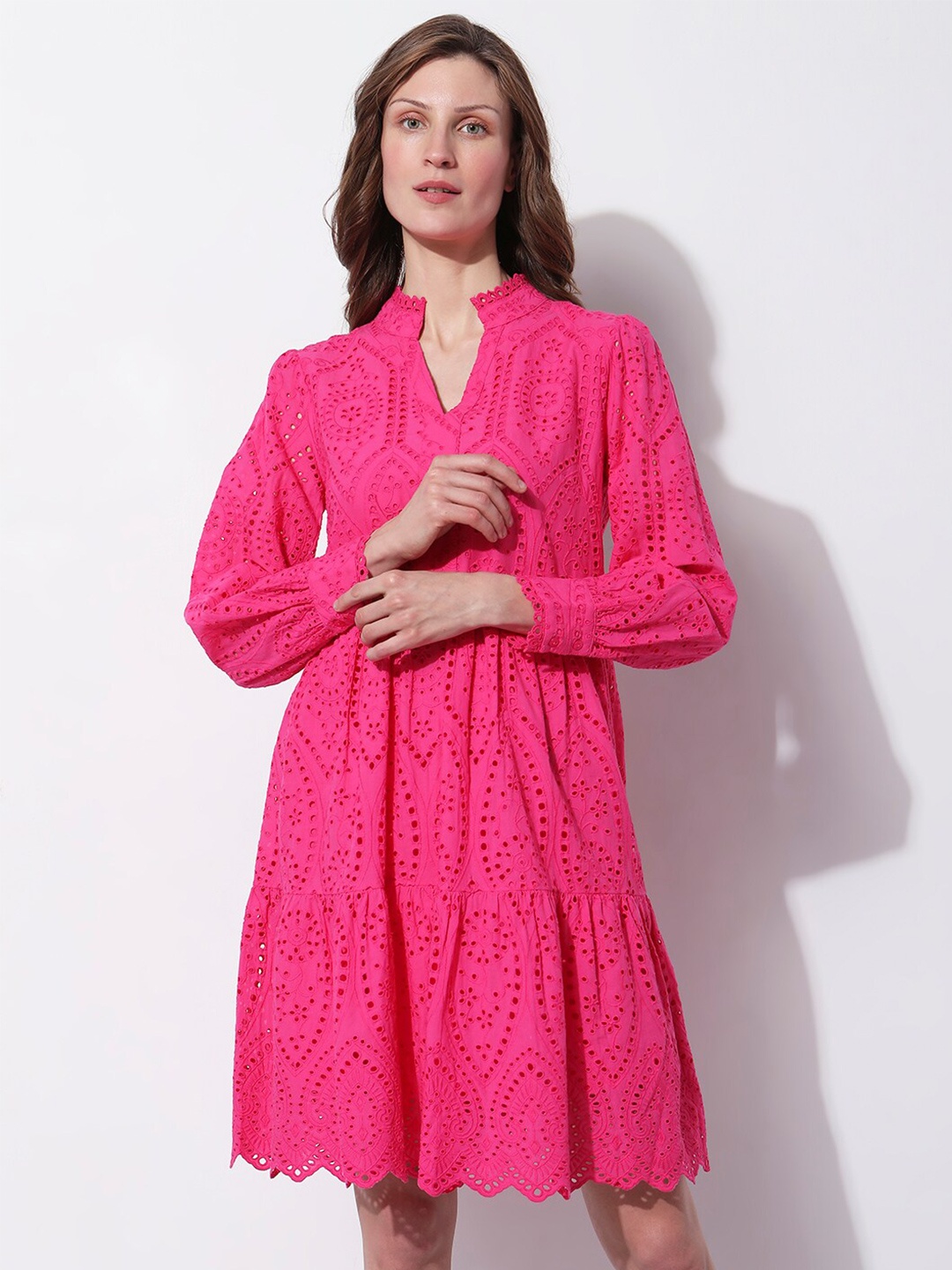 

Vero Moda Mandarin Collar Schiffli Cotton A-Line Dress, Pink