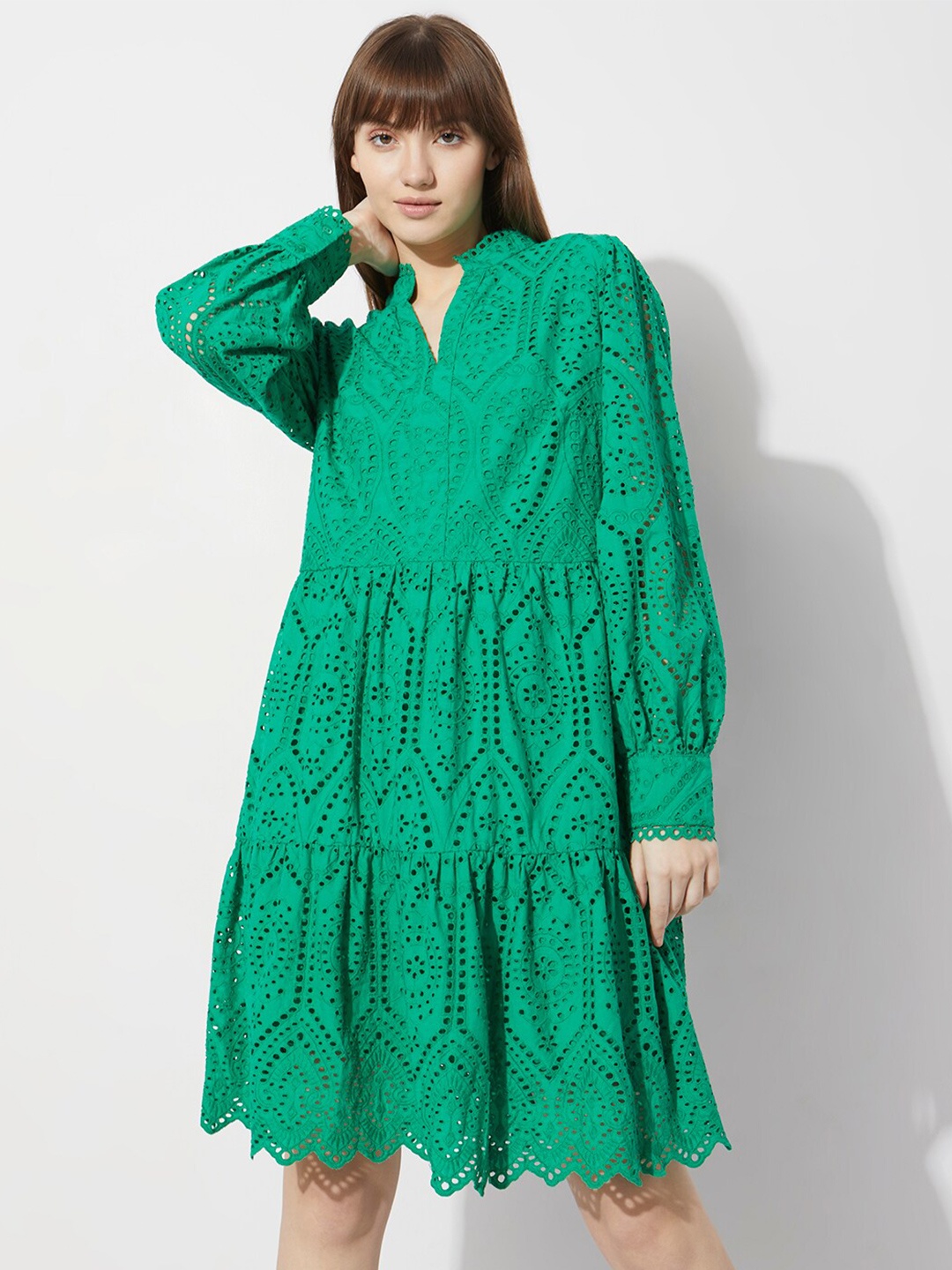 

Vero Moda Mandarin Collar Schiffli Cotton A-Line Dress, Green