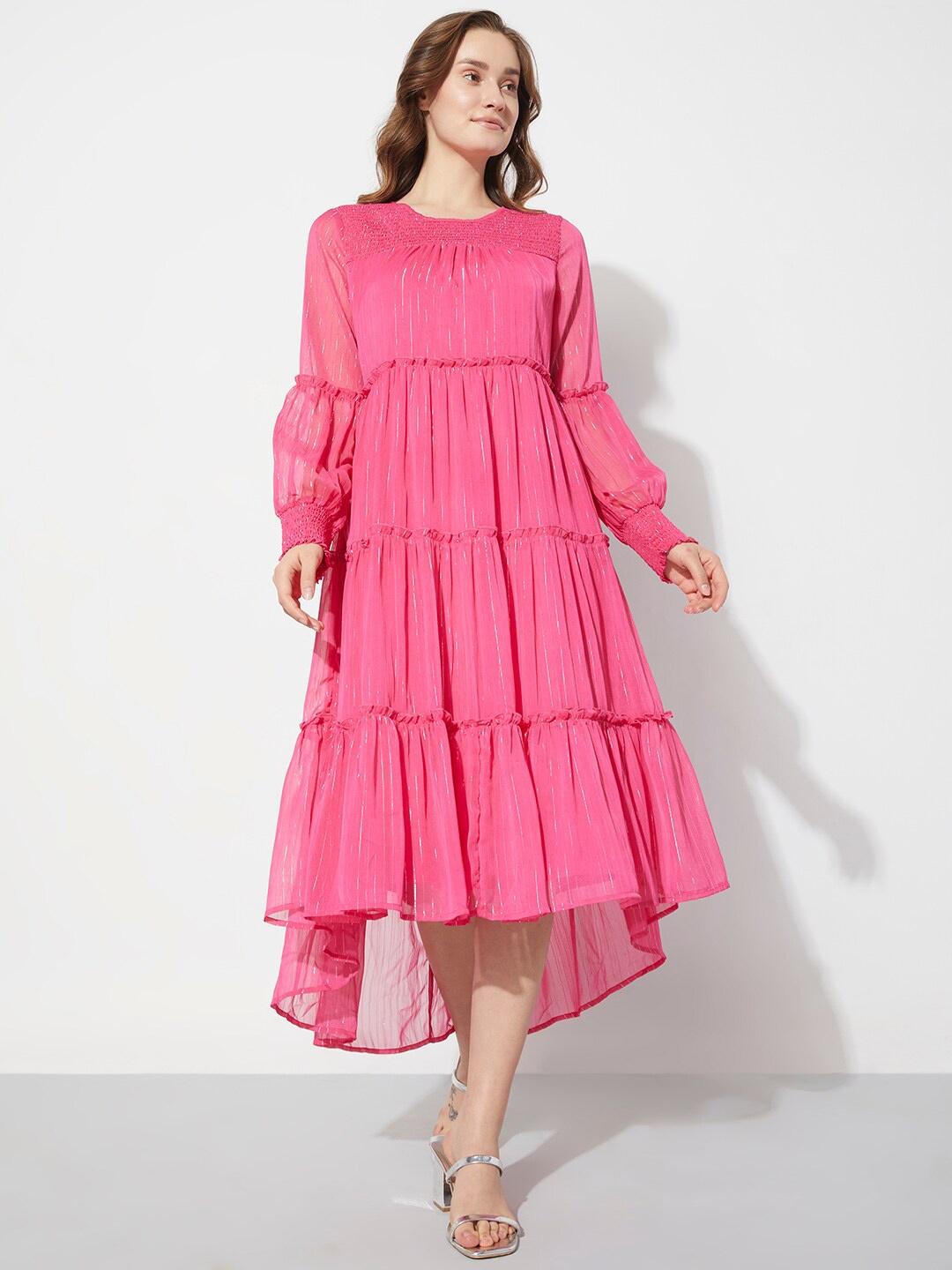 

Vero Moda Round Neck Tiered Midi A-Line Dress, Pink