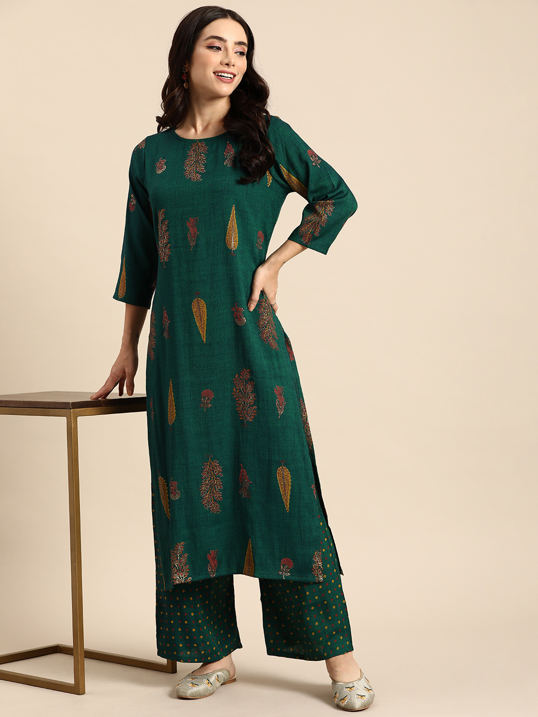 

Anouk Women Ethnic Motifs Printed Regular Kurta with Palazzos, Green