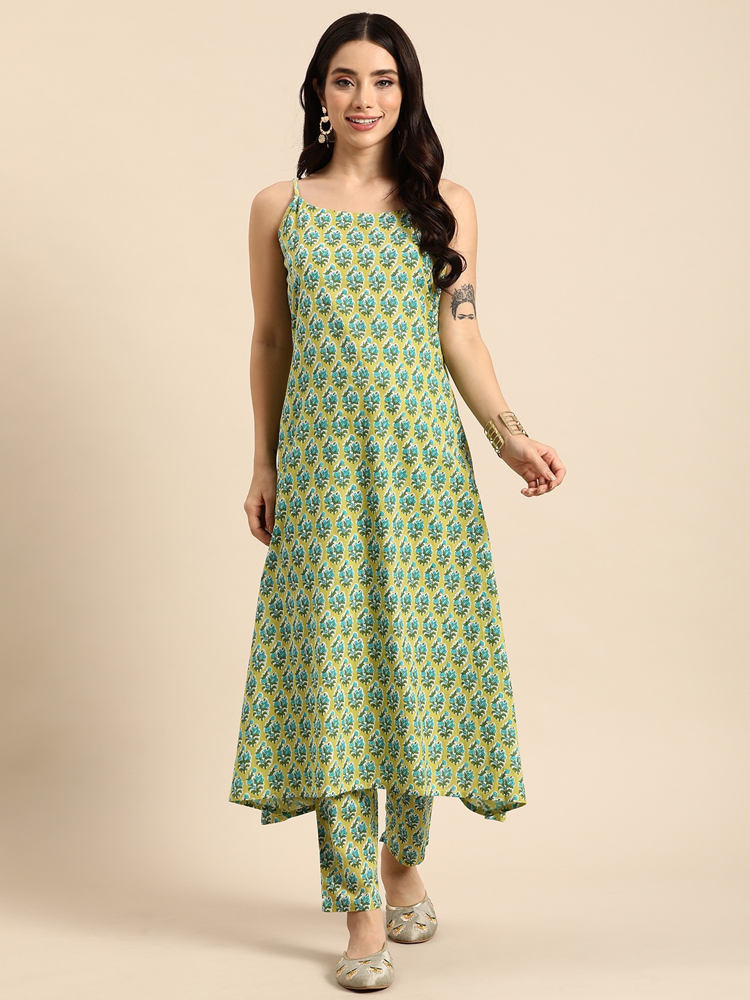 

Anouk Women Ethnic Motifs Printed Pure Cotton Kurta with Trousers, Green