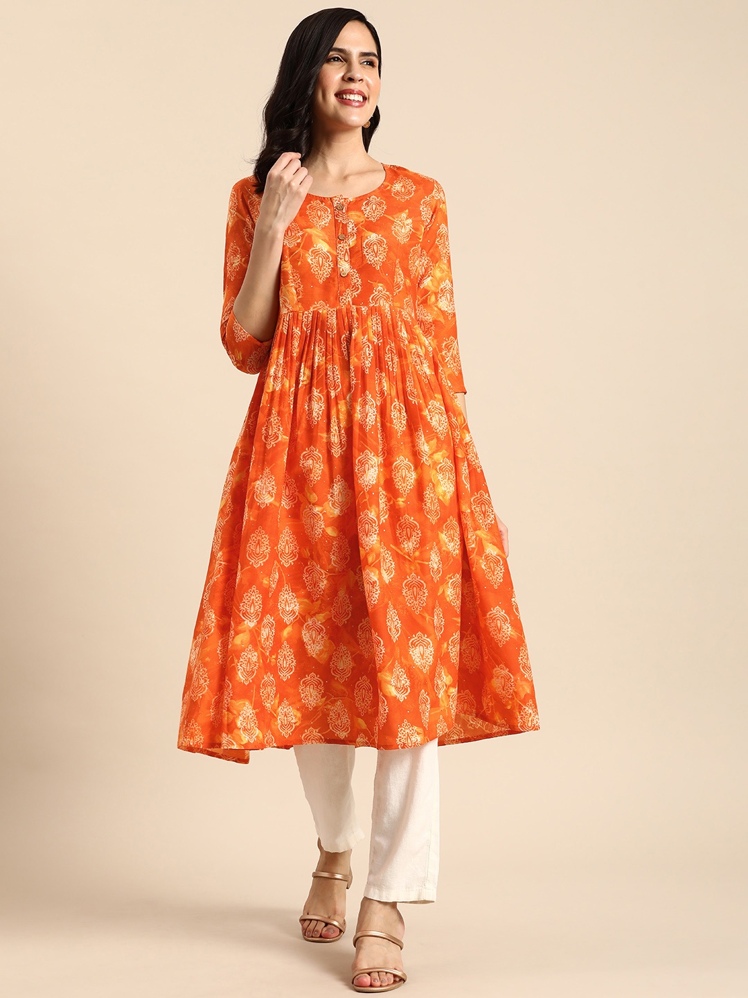 

Anouk Ethnic Motifs Printed Anarkali Kurta, Orange