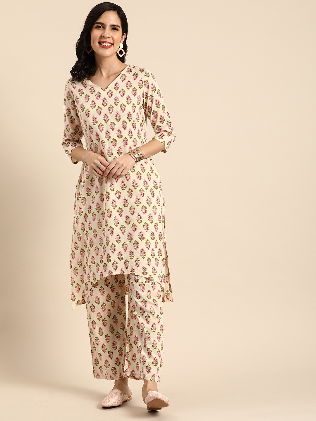 

Anouk Women Ethnic Motifs Printed Pure Cotton Kurta with Trousers, Cream
