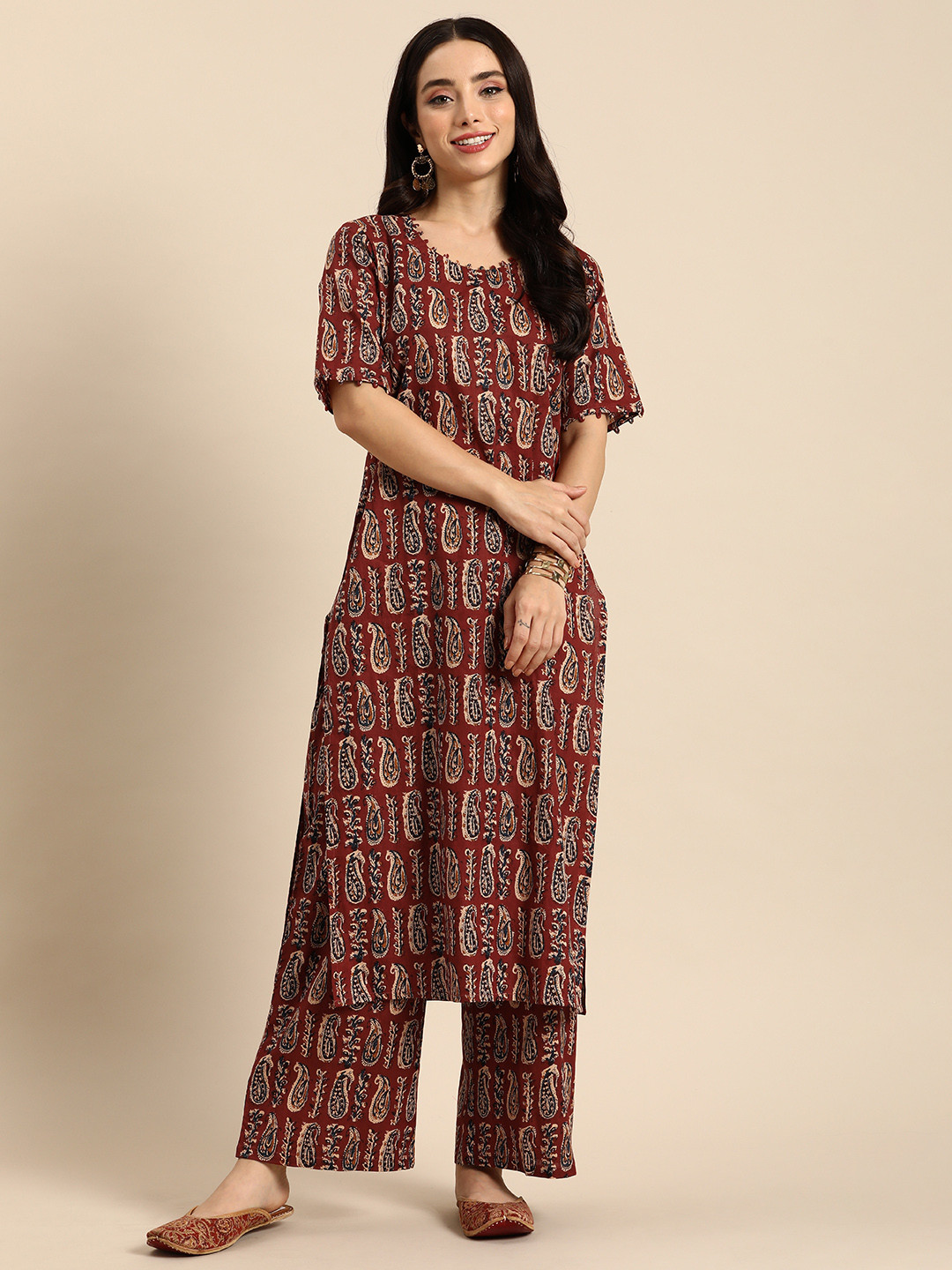 

Anouk Women Ethnic Motifs Printed Pure Cotton Kurta with Palazzos, Maroon