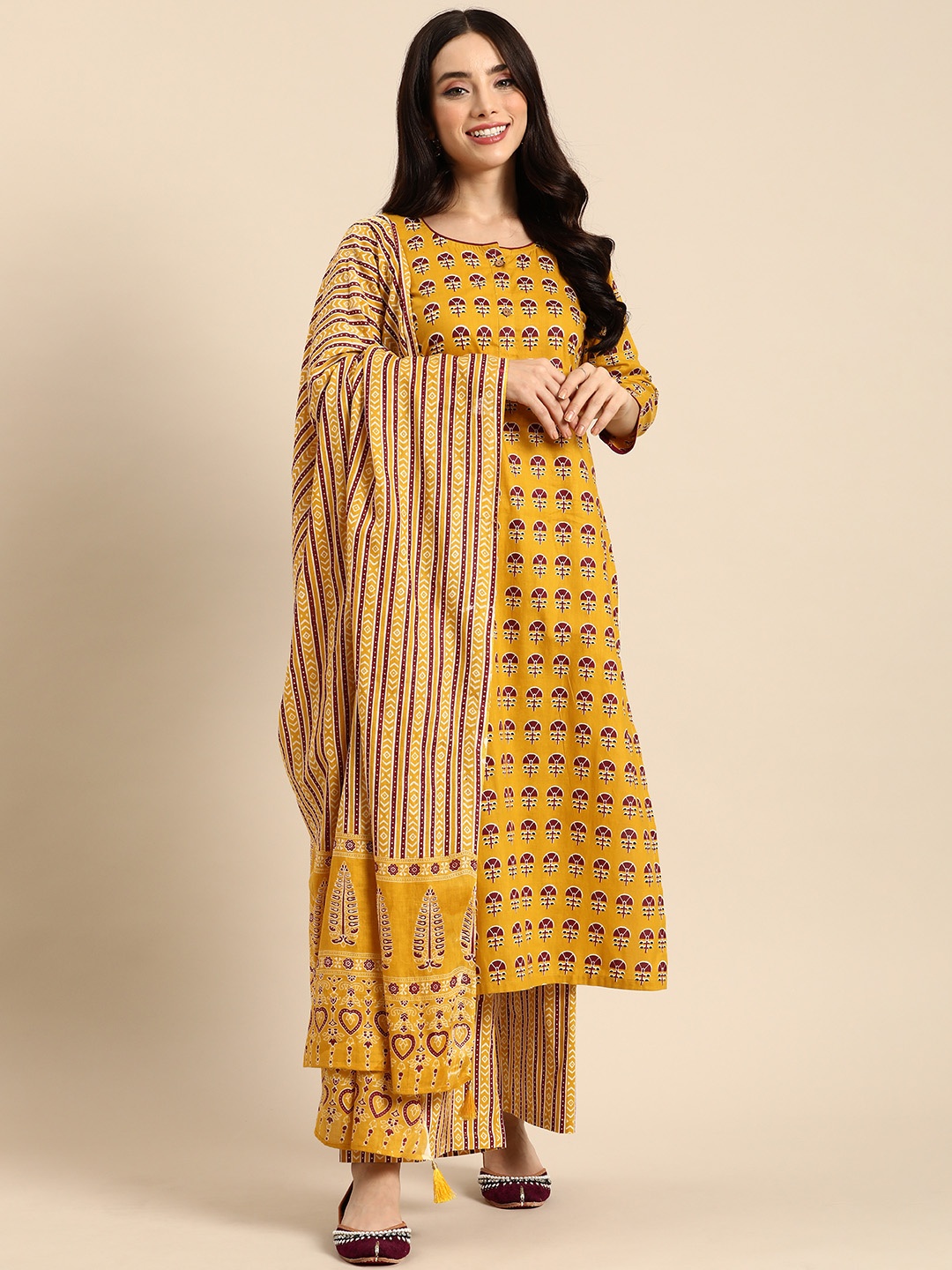 

Anouk Women Ethnic Motifs Printed Pure Cotton Kurta with Palazzos & Dupatta, Mustard