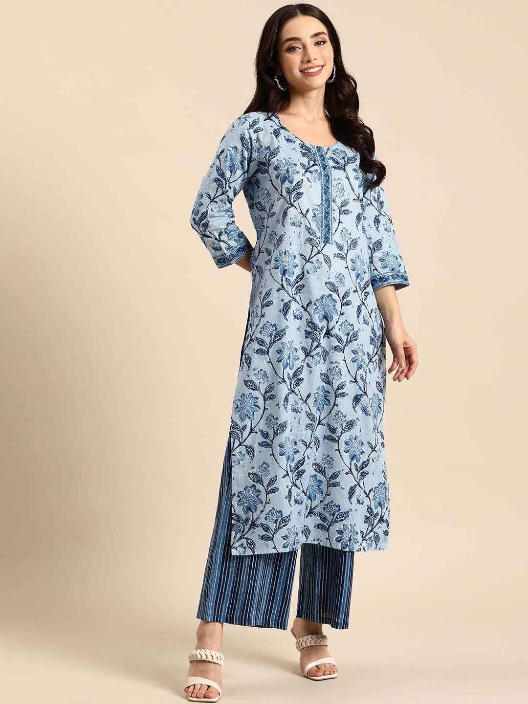 

Anouk Women Ethnic Motifs Printed Pure Cotton Kurta with Palazzos, Blue