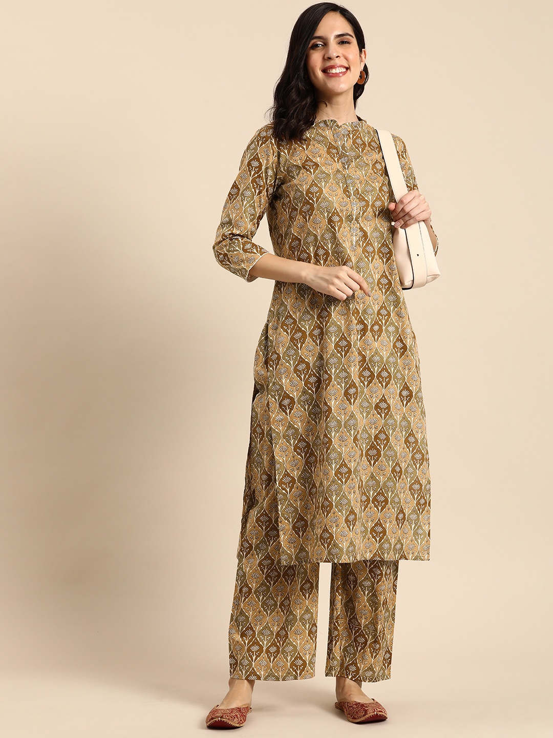 

Anouk WomenEthnic Motifs Printed Pure Cotton Kurta with Palazzos, Khaki