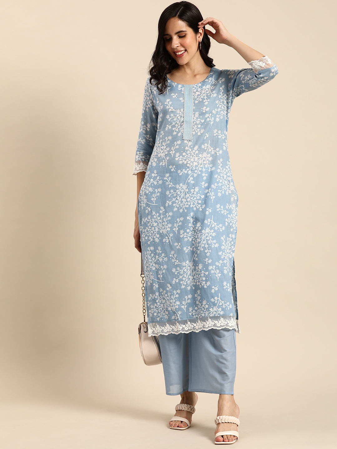 

Anouk Women Ethnic Motifs Printed Pure Cotton Kurta with Palazzos, Blue