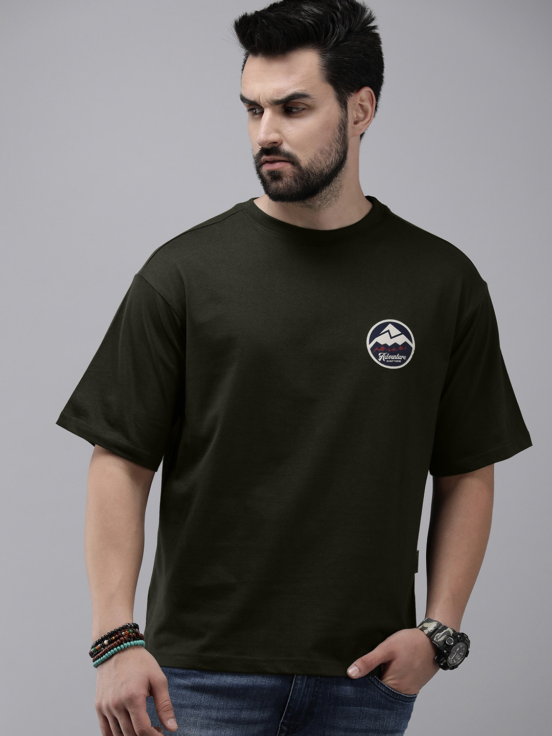 

Roadster Men Drop-Shoulder Sleeves Pure Cotton Oversize T-shirt, Olive