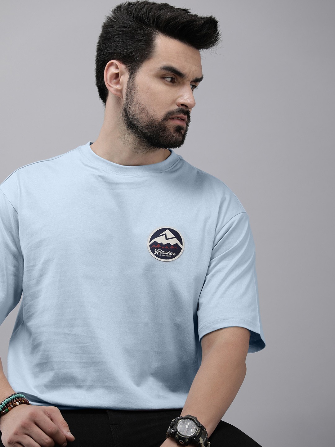 

Roadster Men Drop-Shoulder Sleeves Pure Cotton Oversize T-shirt, Blue