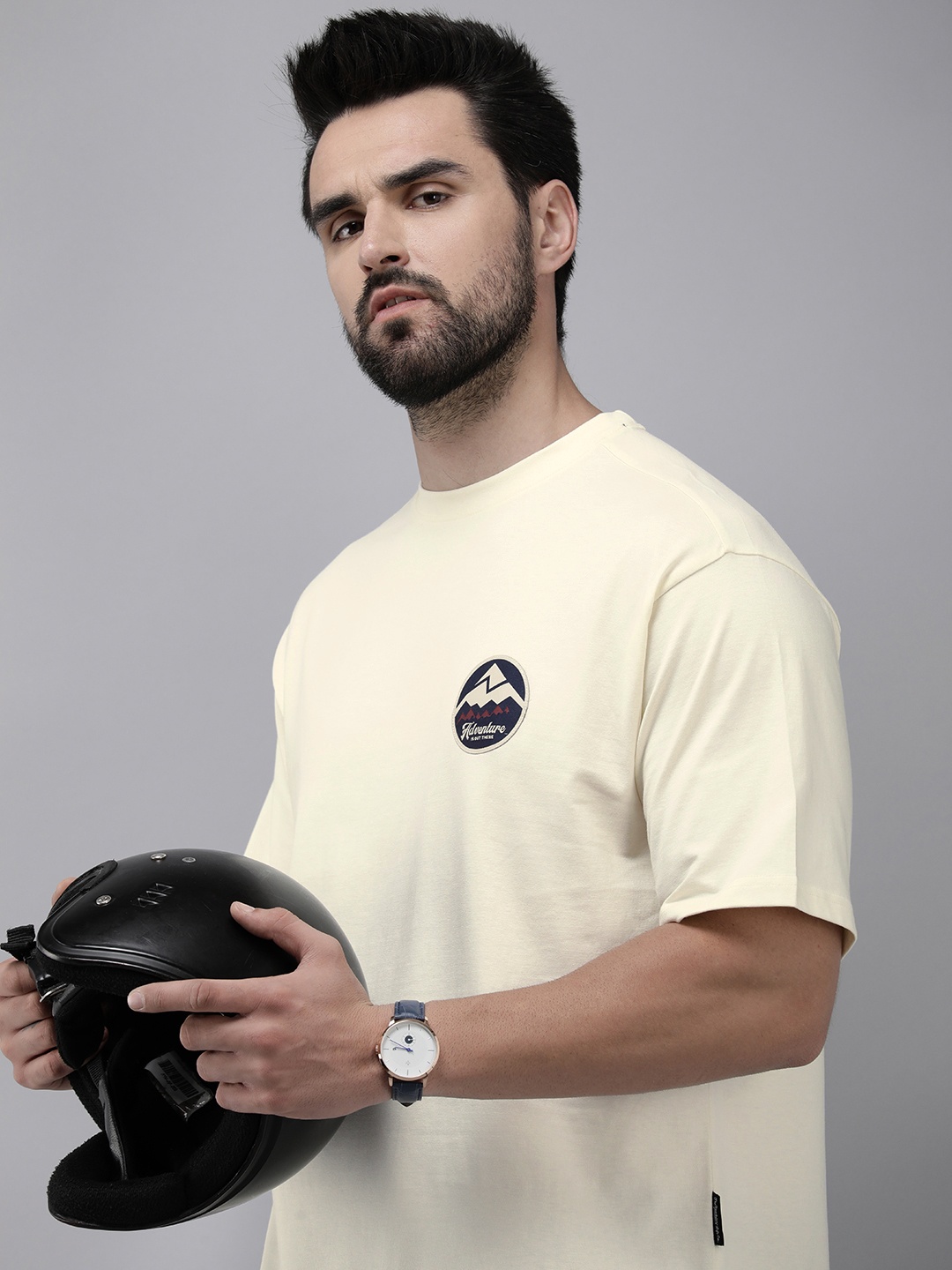 

Roadster Men Cream-Coloured Drop-Shoulder Sleeves Pure Cotton Oversize T-shirt
