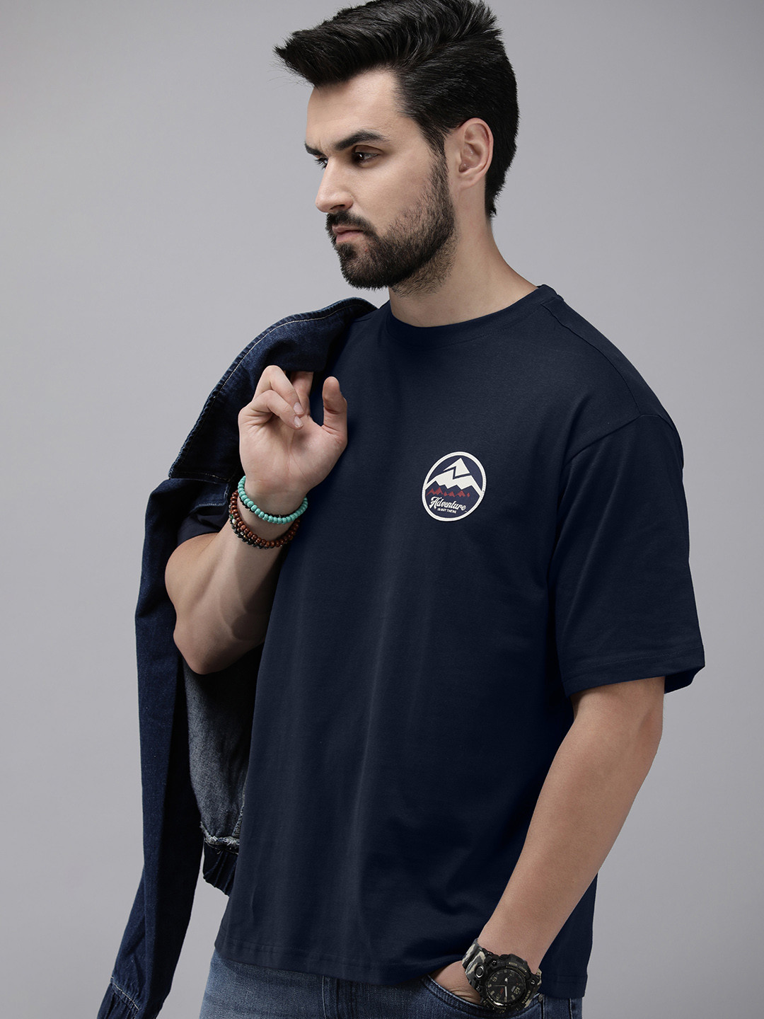 

Roadster Men Drop-Shoulder Sleeves Pure Cotton Oversize T-shirt, Navy blue