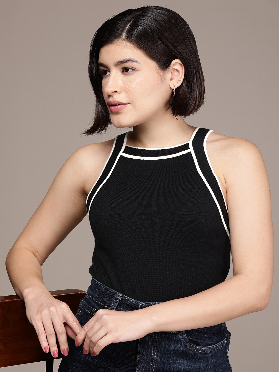 

French Connection Solid Pure Cotton Sleeveless Fitted Top, Black