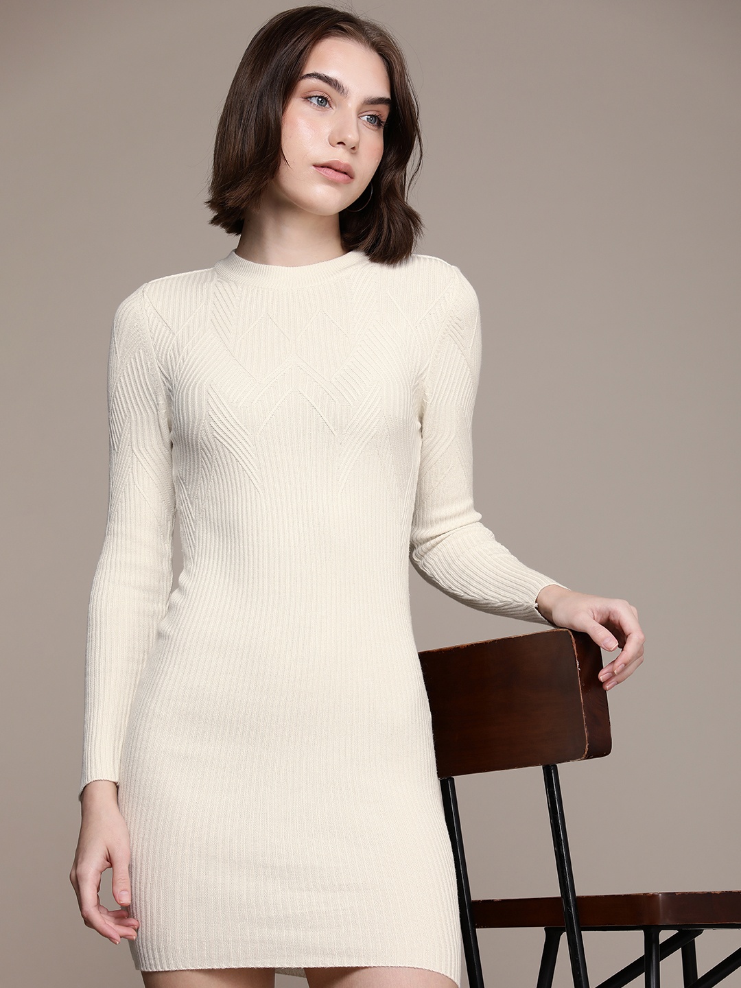 

French Connection Self Design Long Sleeves Mini Jumper Dress, Cream