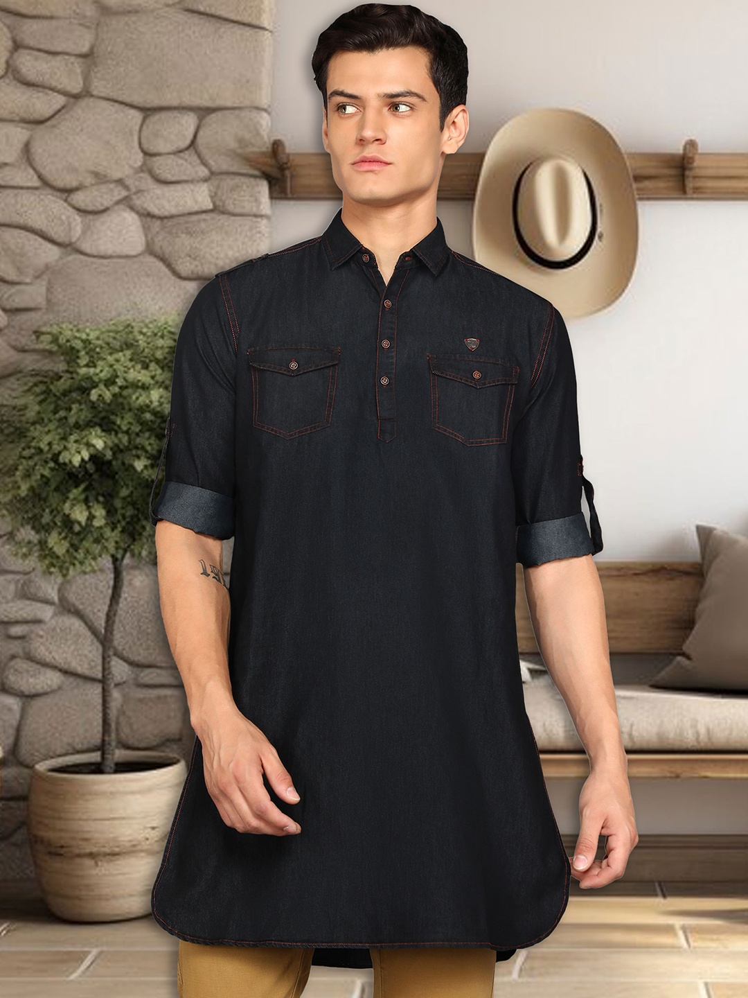 

Kuons Avenue Shirt Collar Denim Pathani Short Kurta, Black