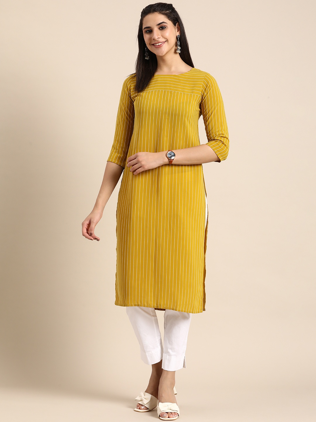 

Anouk Striped Thread Work Kurta, Mustard