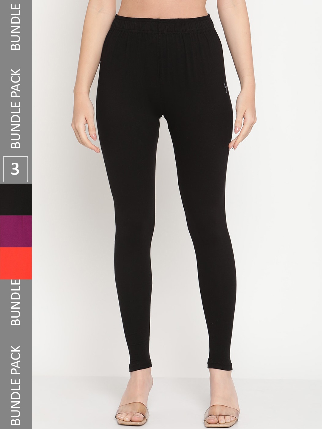 

TAG 7 Women Pack Of 3 Cotton Ankle-Length Leggings, Black