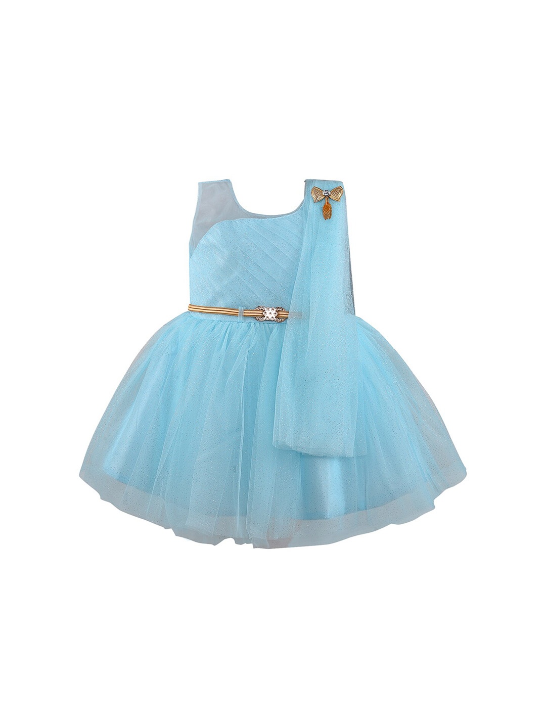 

Wish Karo Girls Self Design Net Fit & Flare Dress With Belt, Blue