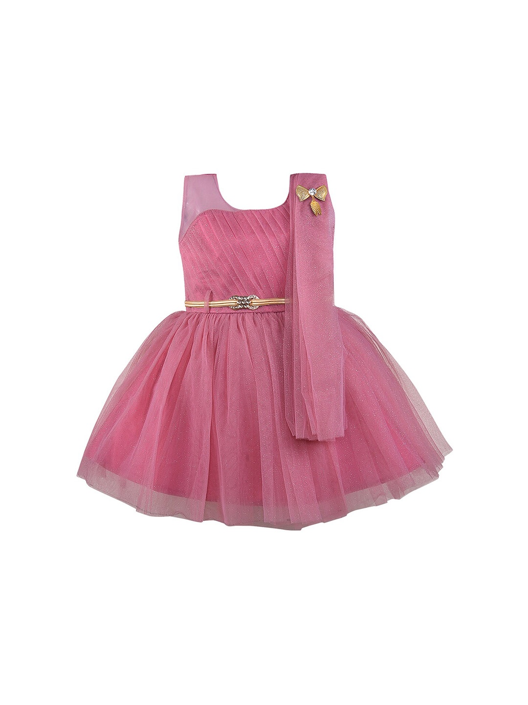 

Wish Karo Girls Self Design Net Fit & Flare Dress With Belt, Purple