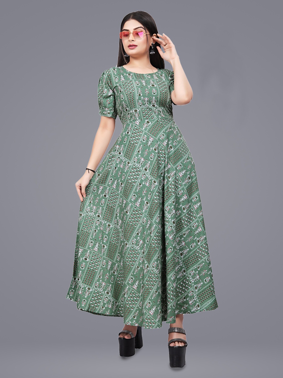 

N N ENTERPRISE Green Floral Print Puff Sleeve Crepe Fit & Flare Maxi Dress