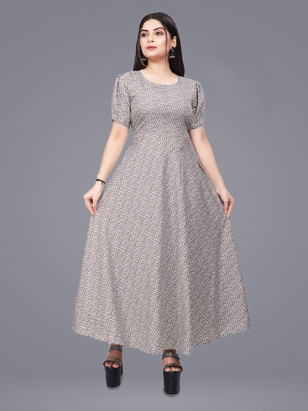 

N N ENTERPRISE Grey & White Print Puff Sleeve Fit & Flare Maxi Dress