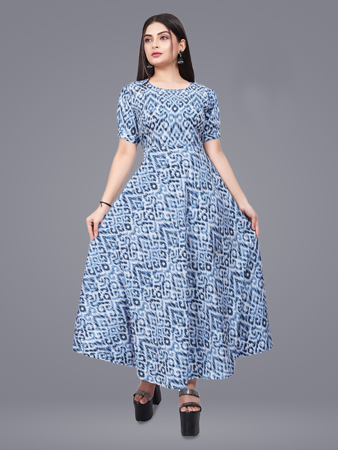 

N N ENTERPRISE Blue Ethnic Motifs Print Puff Sleeve Crepe Fit & Flare Maxi Dress