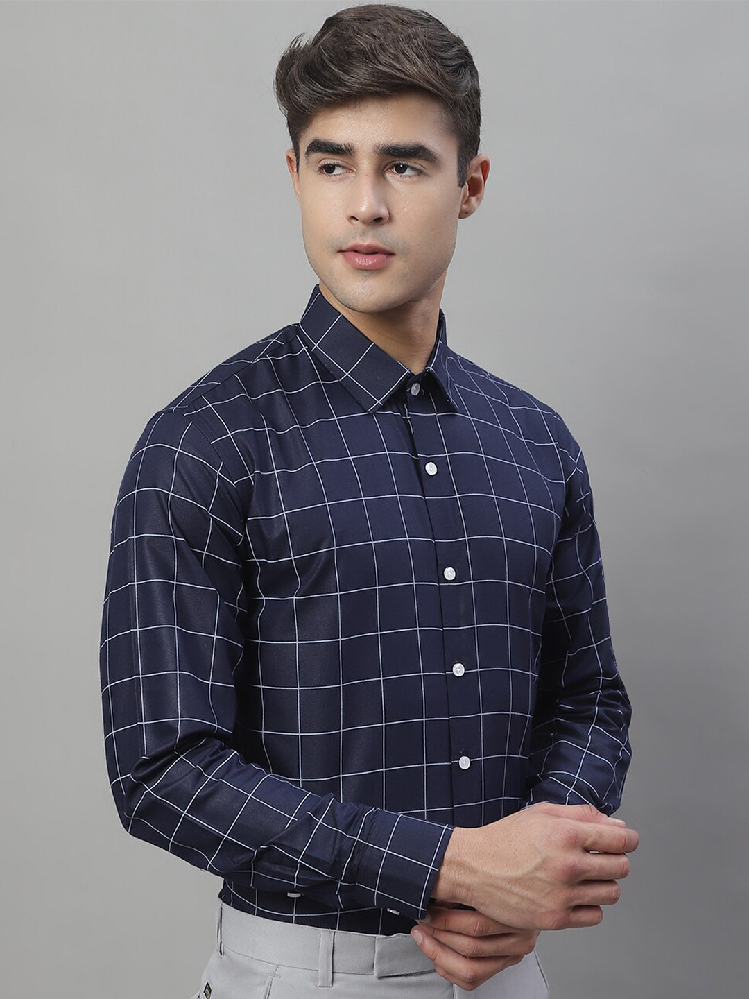 

JAINISH Checked Spread Collar Cotton Formal Shirt, Navy blue