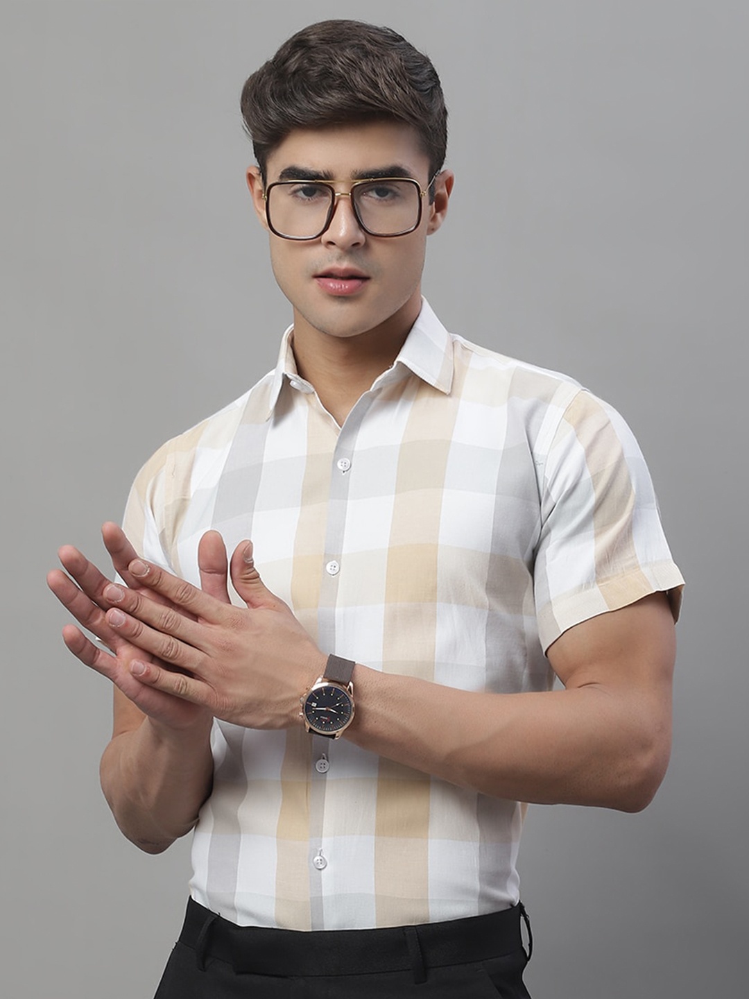 

JAINISH Classic Gingham Checked Pure Cotton Formal Shirt, White