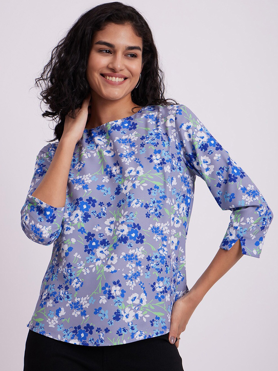

FableStreet Floral Printed Round Neck Woven Top, Blue