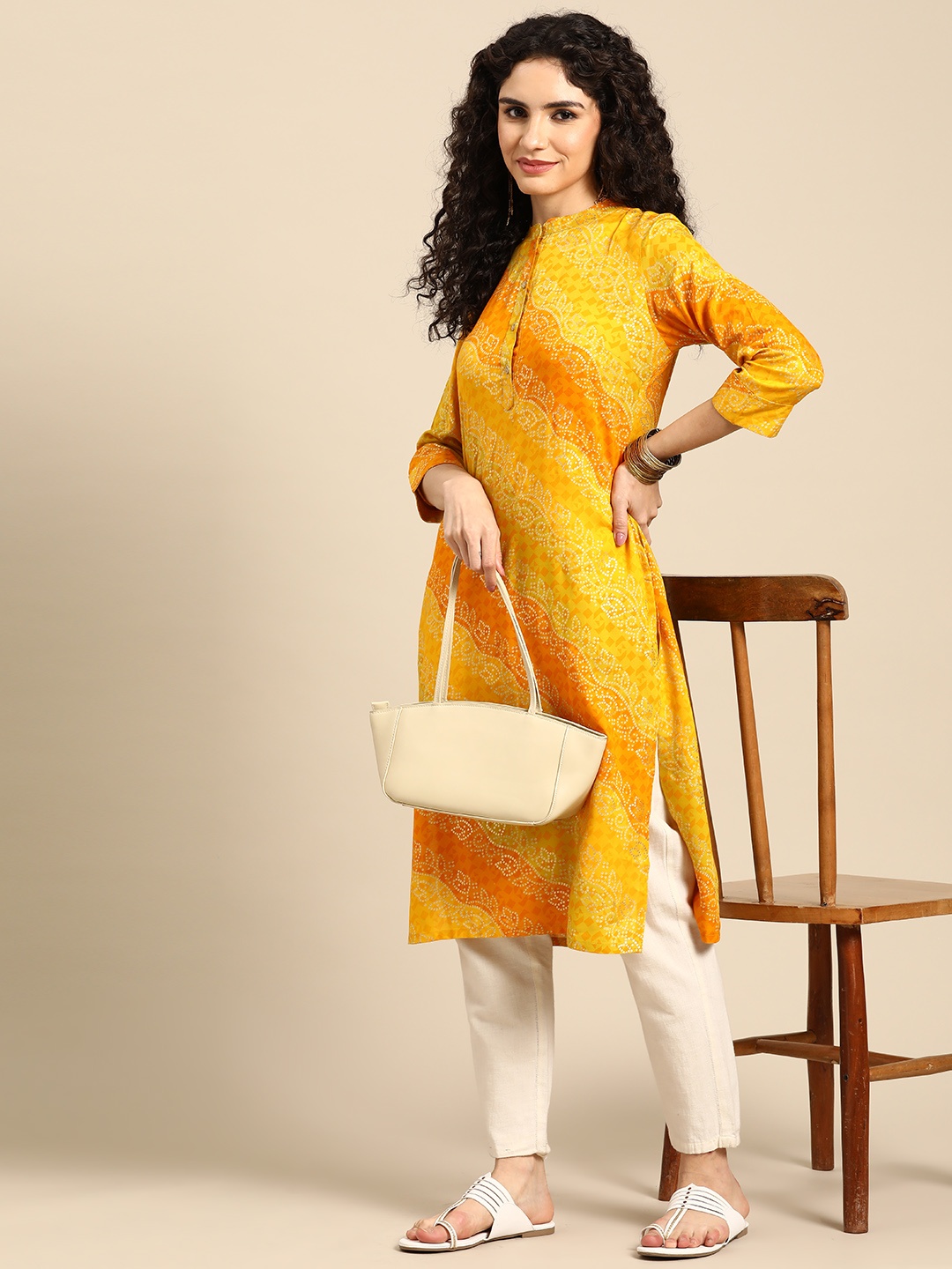 

Anouk Women Bandhani Printed Kurta, Mustard