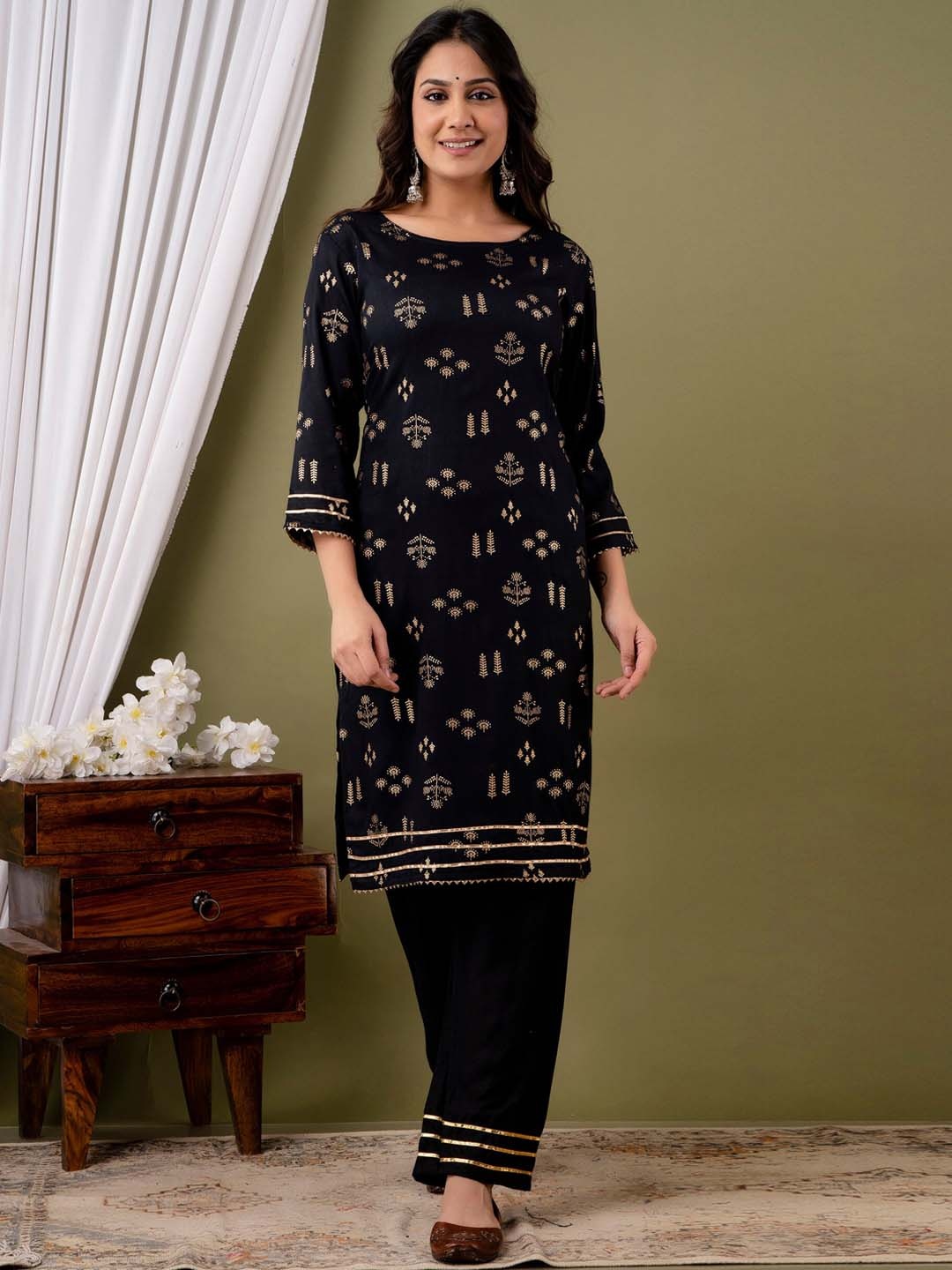 

Mialo fashion Ethnic Motifs Printed Gotta Patti Kurta with Trousers, Black