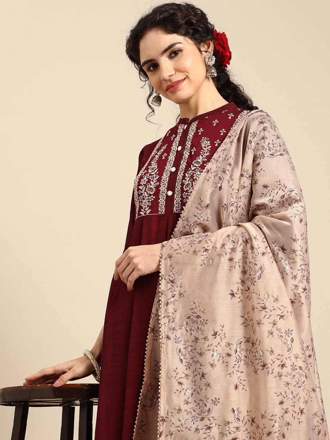 

Anouk Embroidered Empire Thread Work Kurta With Churidar & Dupatta, Maroon