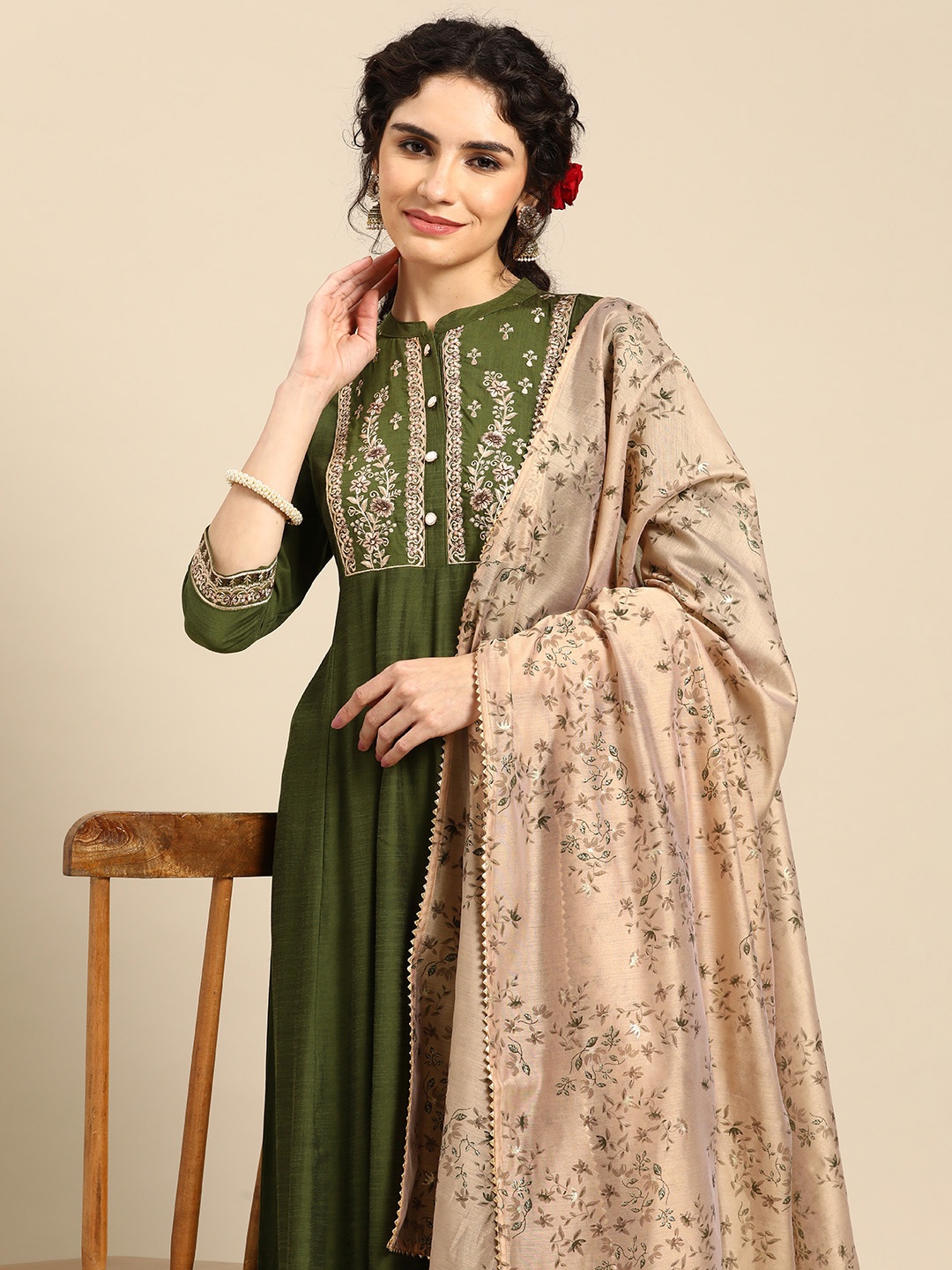 

Anouk Embroidered Anarkali Thread Work Kurta With Churidar & Dupatta, Green