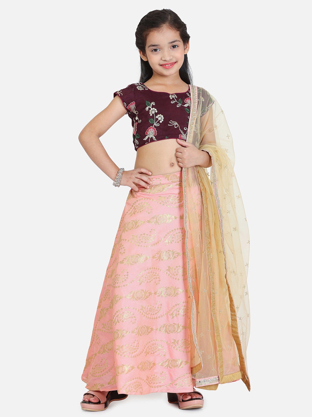 

Ethnovog Girls Embroidered Thread Work Ready to Wear Lehenga & Blouse With Dupatta, Purple