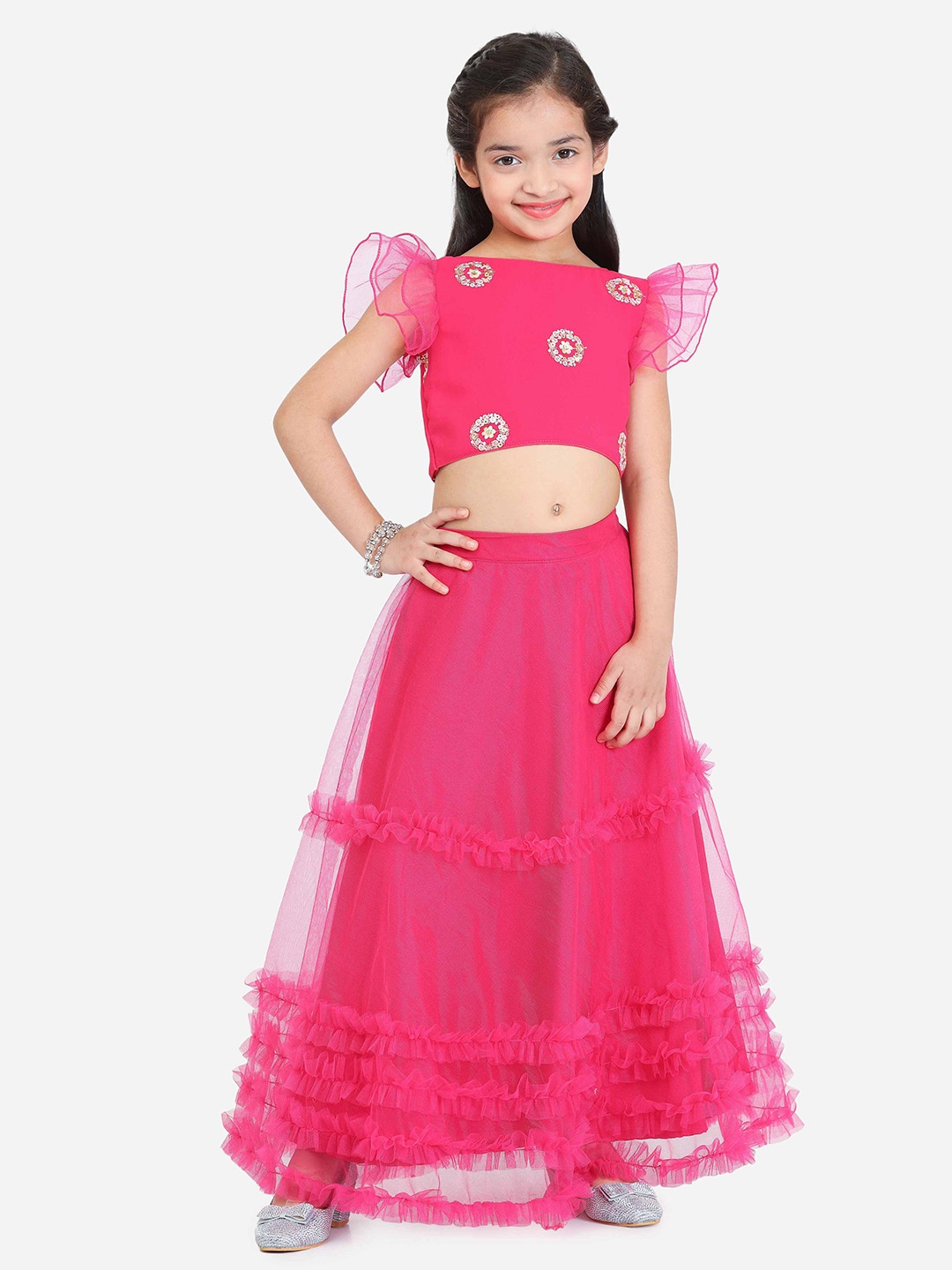 

Ethnovog Girls Embroidered Thread Work Ready to Wear Lehenga & Choli, Pink