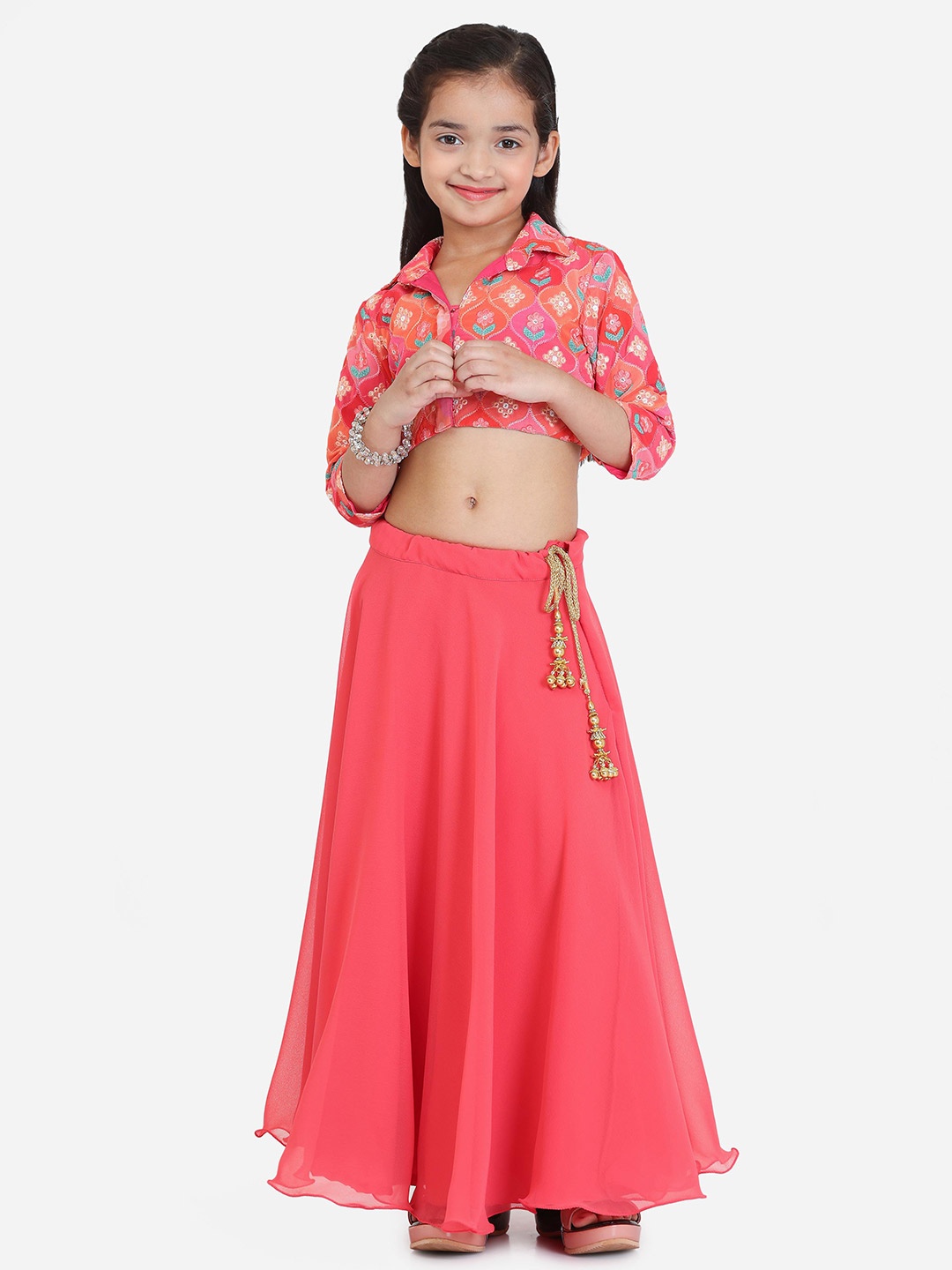 

Ethnovog Girls Embroidered Sequinned Work Ready to Wear Lehenga & Choli, Pink