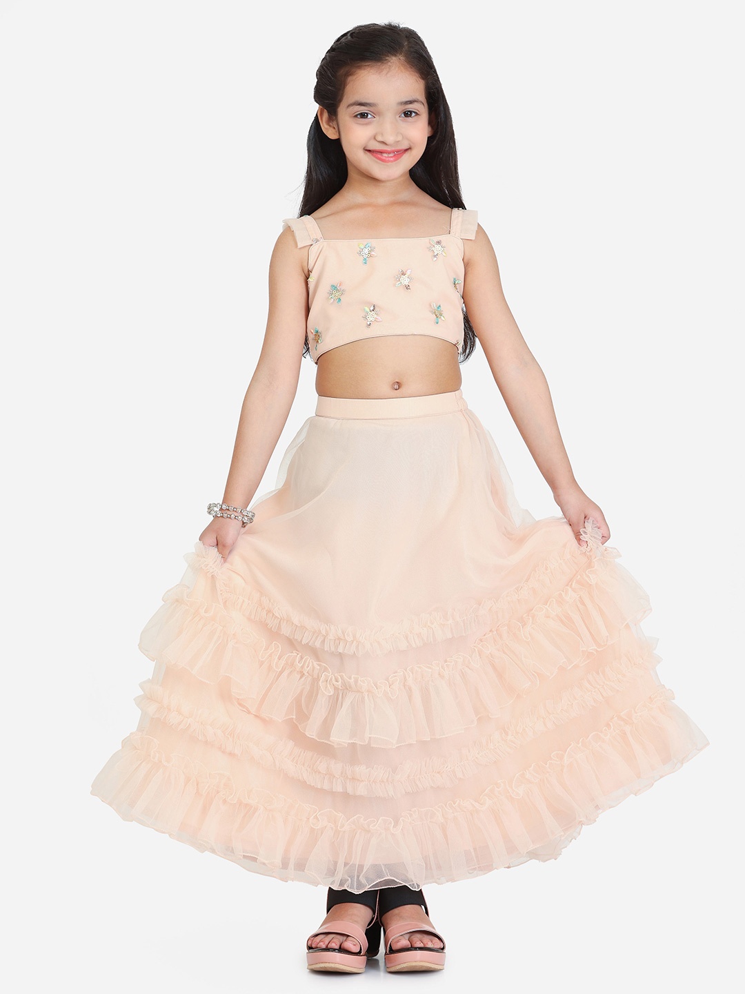 

Ethnovog Girls Embellished Sequinned Ready to Wear Lehenga & Blouse With Dupatta, White