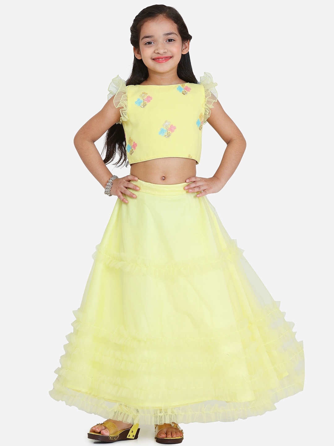

Ethnovog Girls Embellished Sequinned Ready to Wear Lehenga & Choli, Yellow