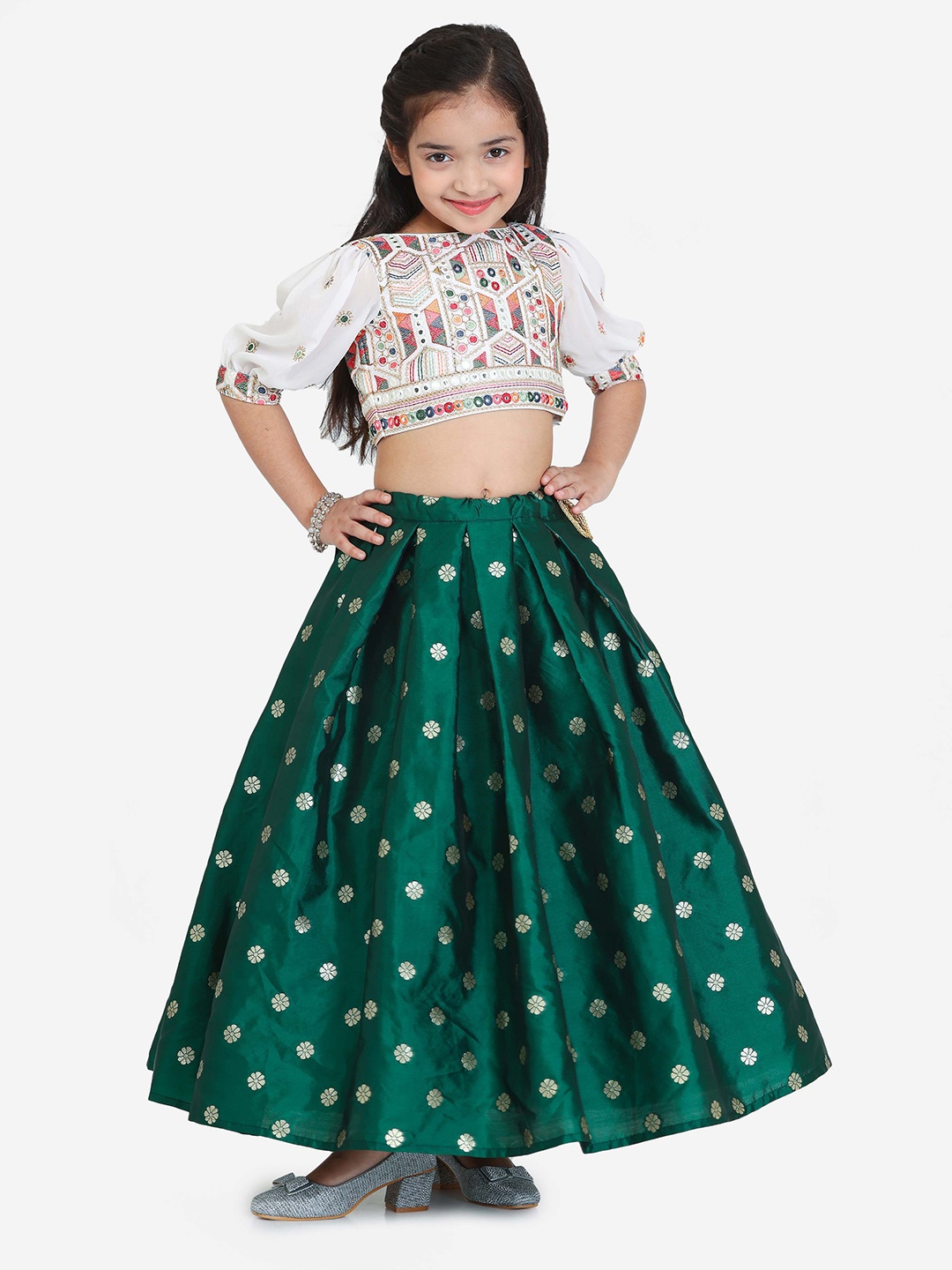 

Ethnovog Girls Embroidered Thread Work Ready to Wear Lehenga & Choli, White