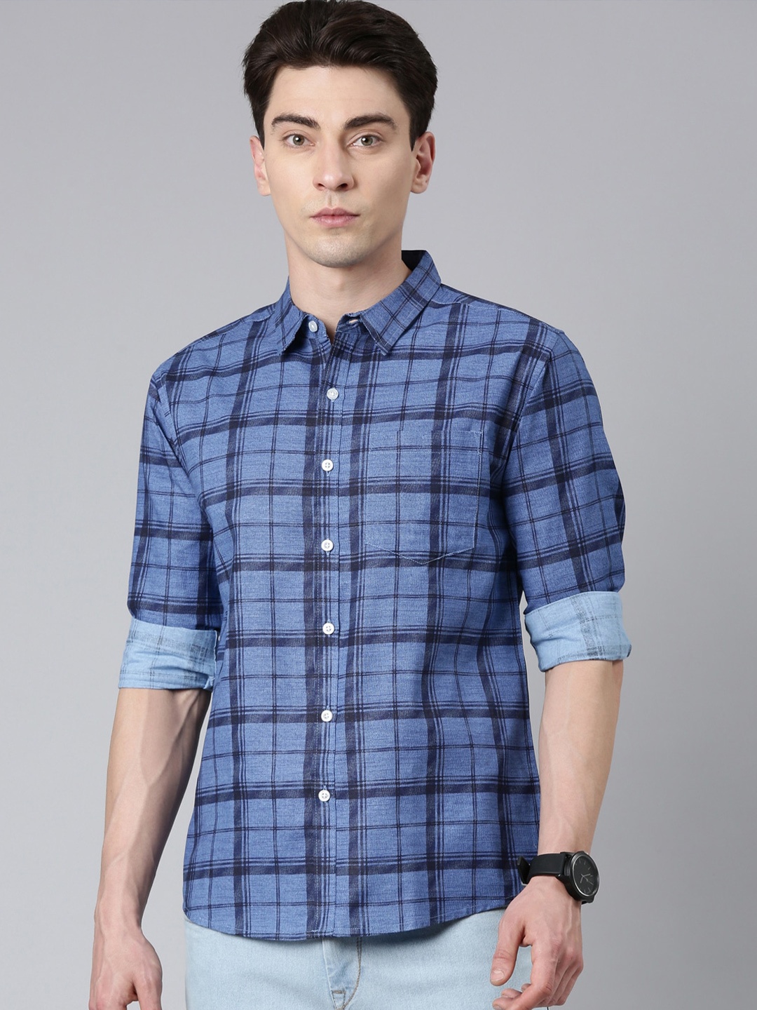 

Metronaut Tartan Checked Spread Collar Cotton Shirt, Blue