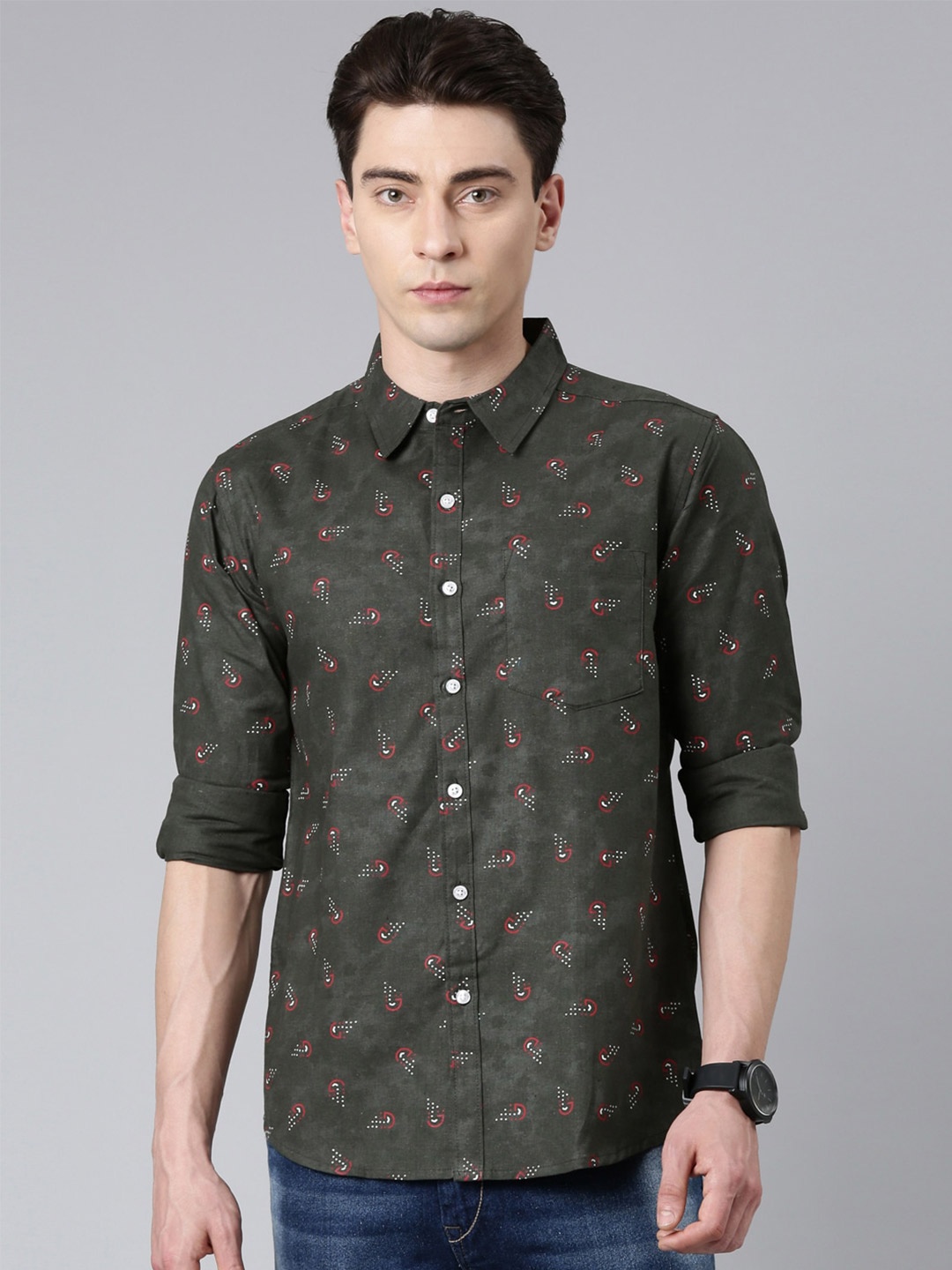 

Metronaut Conversational Printed Spread Collar Cotton Shirt, Green