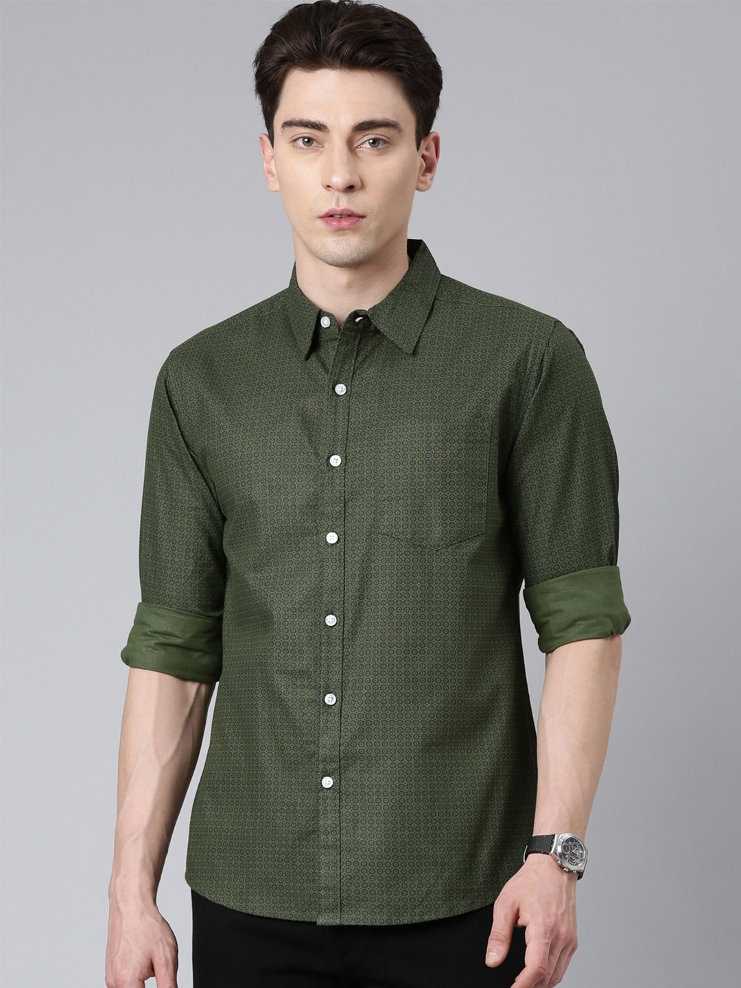 

Metronaut Micro Ditsy Printed Slim Fit Cotton Casual Shirt, Olive